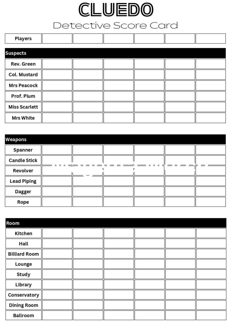 Printable Replacement Score Sheets Compatible With Clue U0026 Cluedo 
