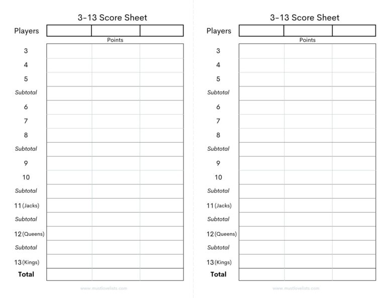 Printable Three Thirteen Score Sheets 3 13 Card Game Score Cards 