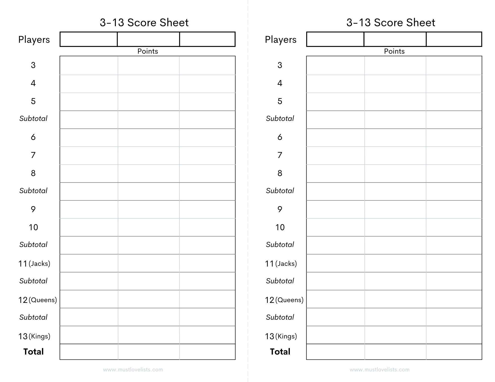 Printable Three Thirteen Score Sheets 3 13 Card Game Score Cards 