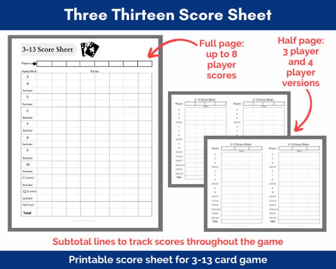 Printable Three Thirteen Score Sheets 3 13 Card Game Score Cards Etsy Sweden