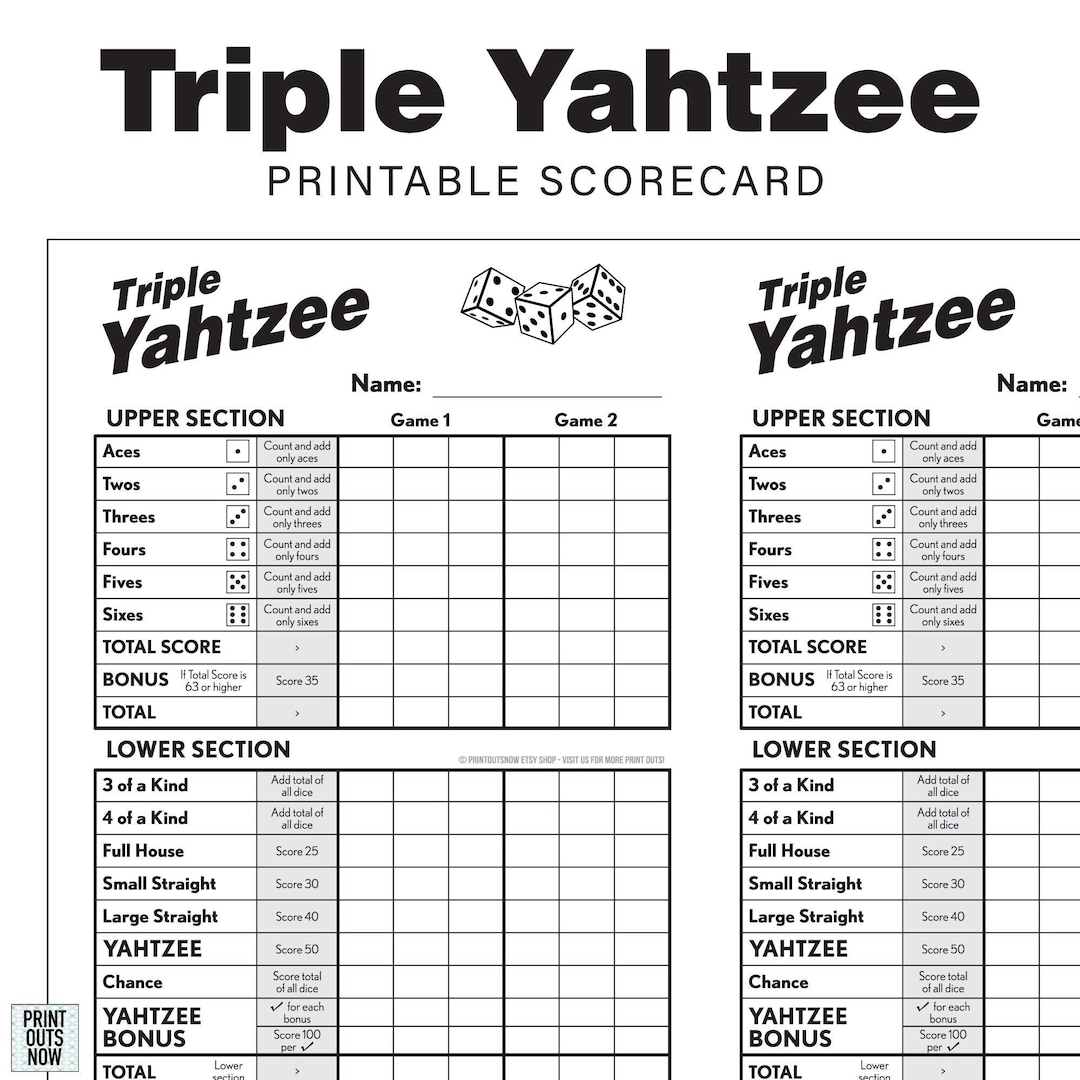 Printable Triple Yahtzee Scorecards Scorepad Print As Many As You Need 8 5x11 And A4 Included Etsy Hong Kong