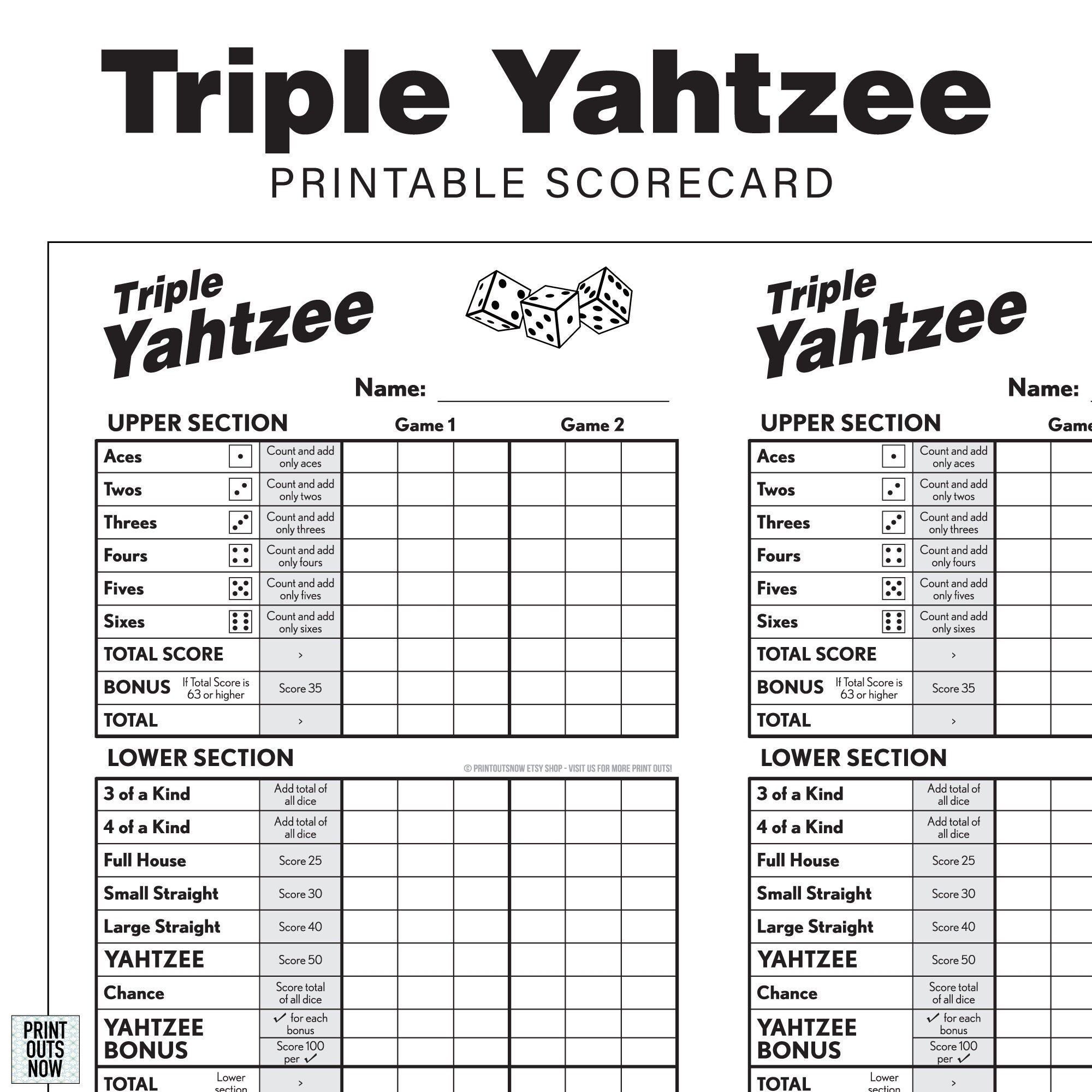 Printable Triple Yahtzee Scorecards Scorepad Print As Many As 