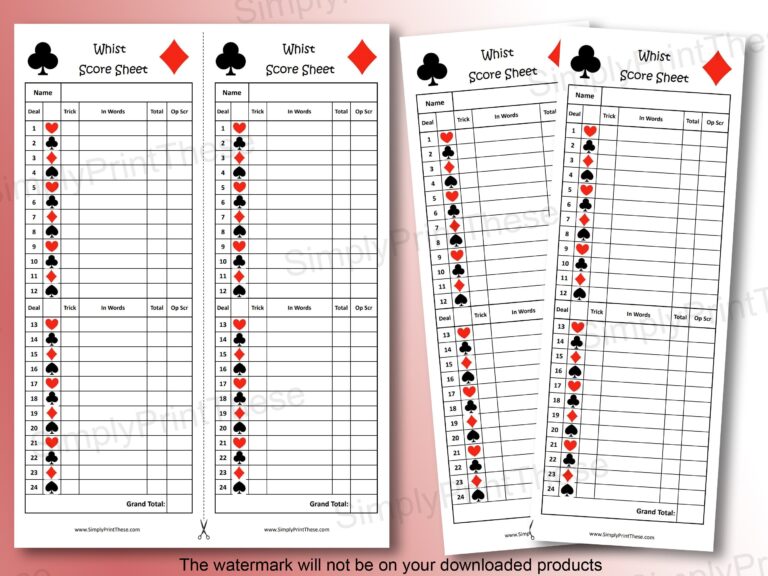 Printable Whist Score Sheets To Record Your Whist Card Games 