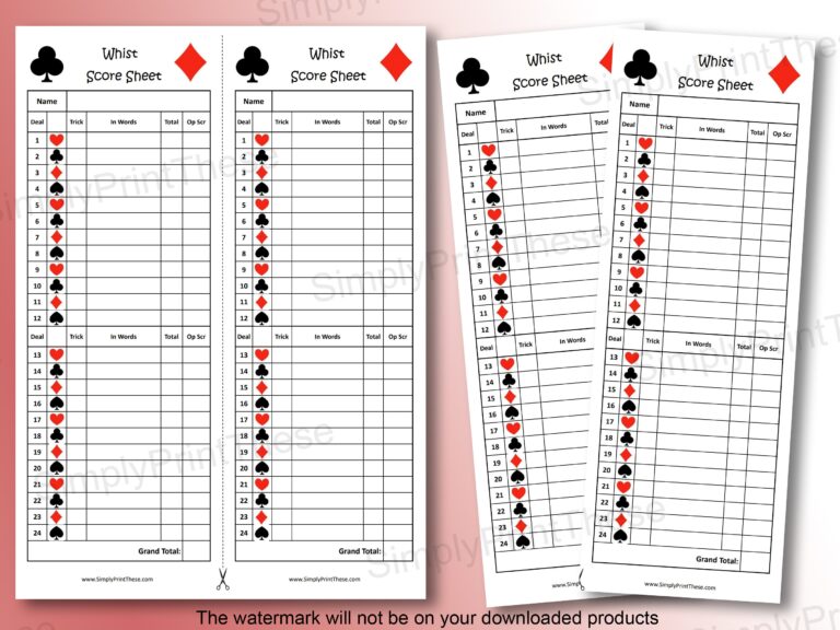 Printable Whist Score Sheets To Record Your Whist Card Games Whist Score Card Learn To Play Whist Instant Download Etsy New Zealand