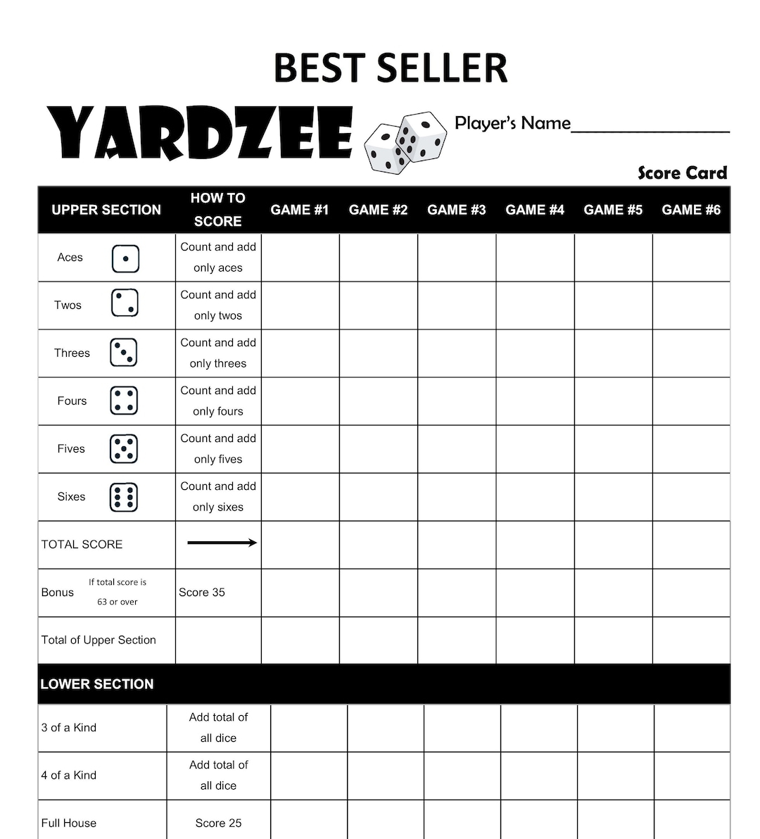 Printable Yardzee Yahtzee Laminated Score Sheet Scorecards With 