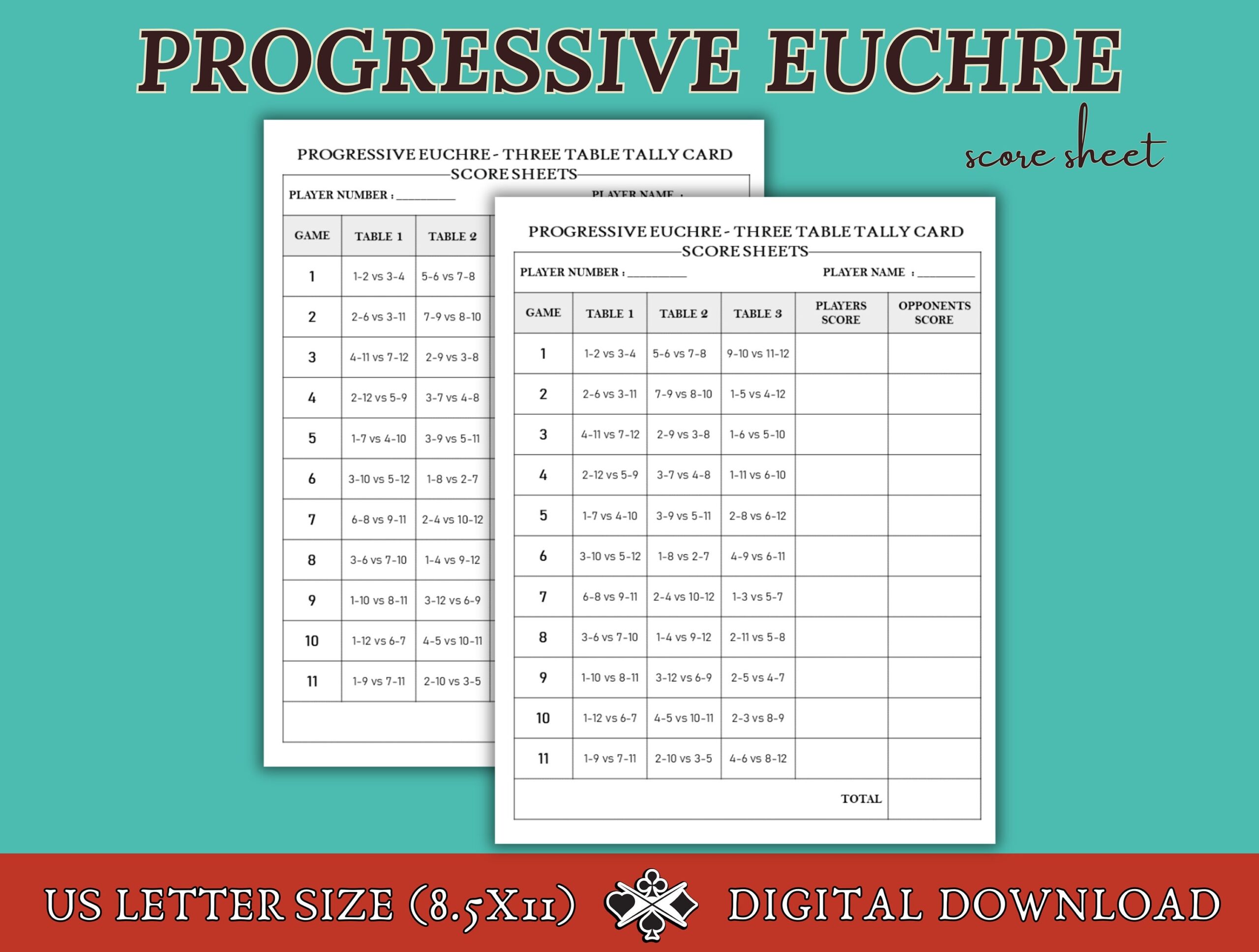 Progressive Euchre Score Sheets 3 Table Progressive Euchre Game 