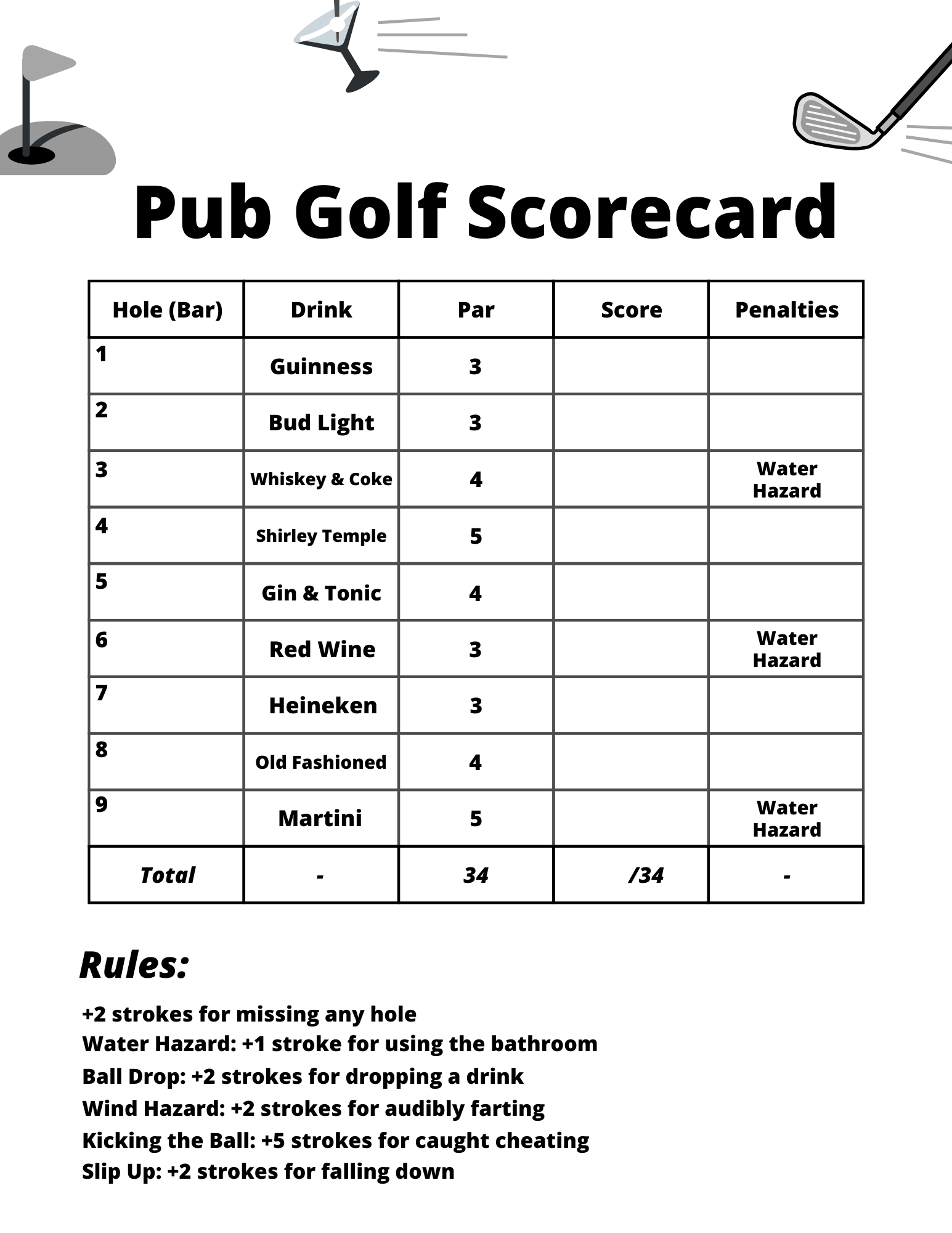 Pub Golf Score Sheet Template