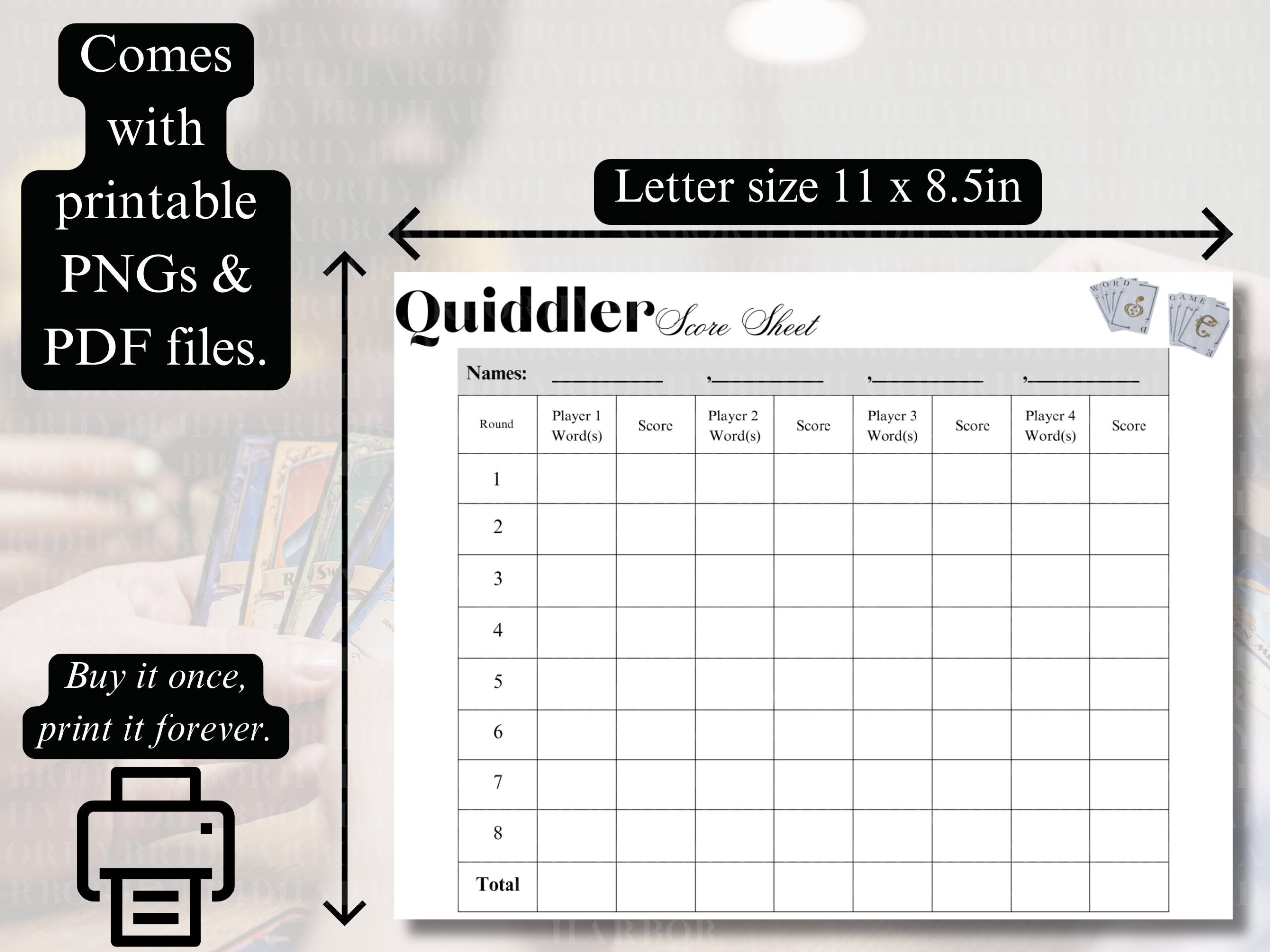 Quiddler Score Sheet Digital Download Bundle Word Game Tracker 