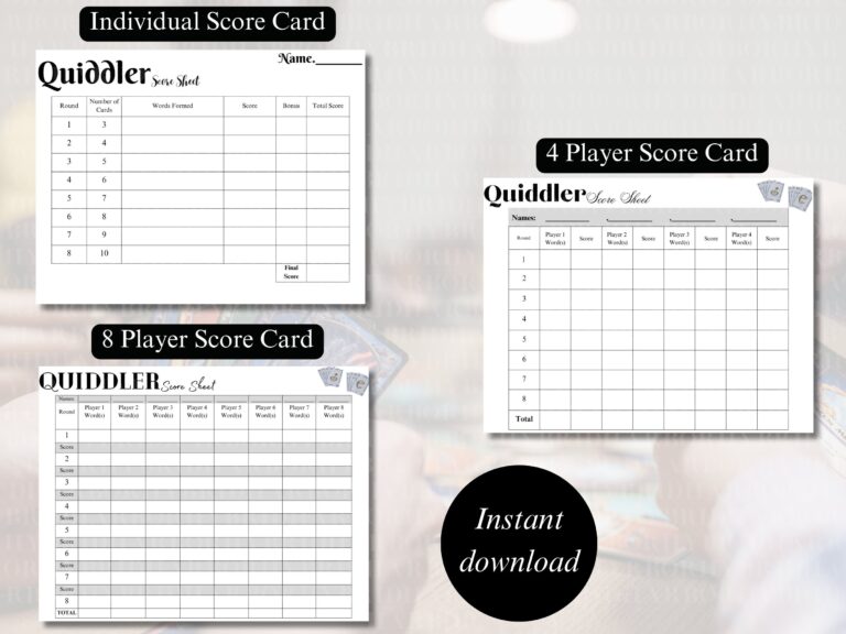 Quiddler Score Sheet Digital Download Bundle Word Game Tracker 