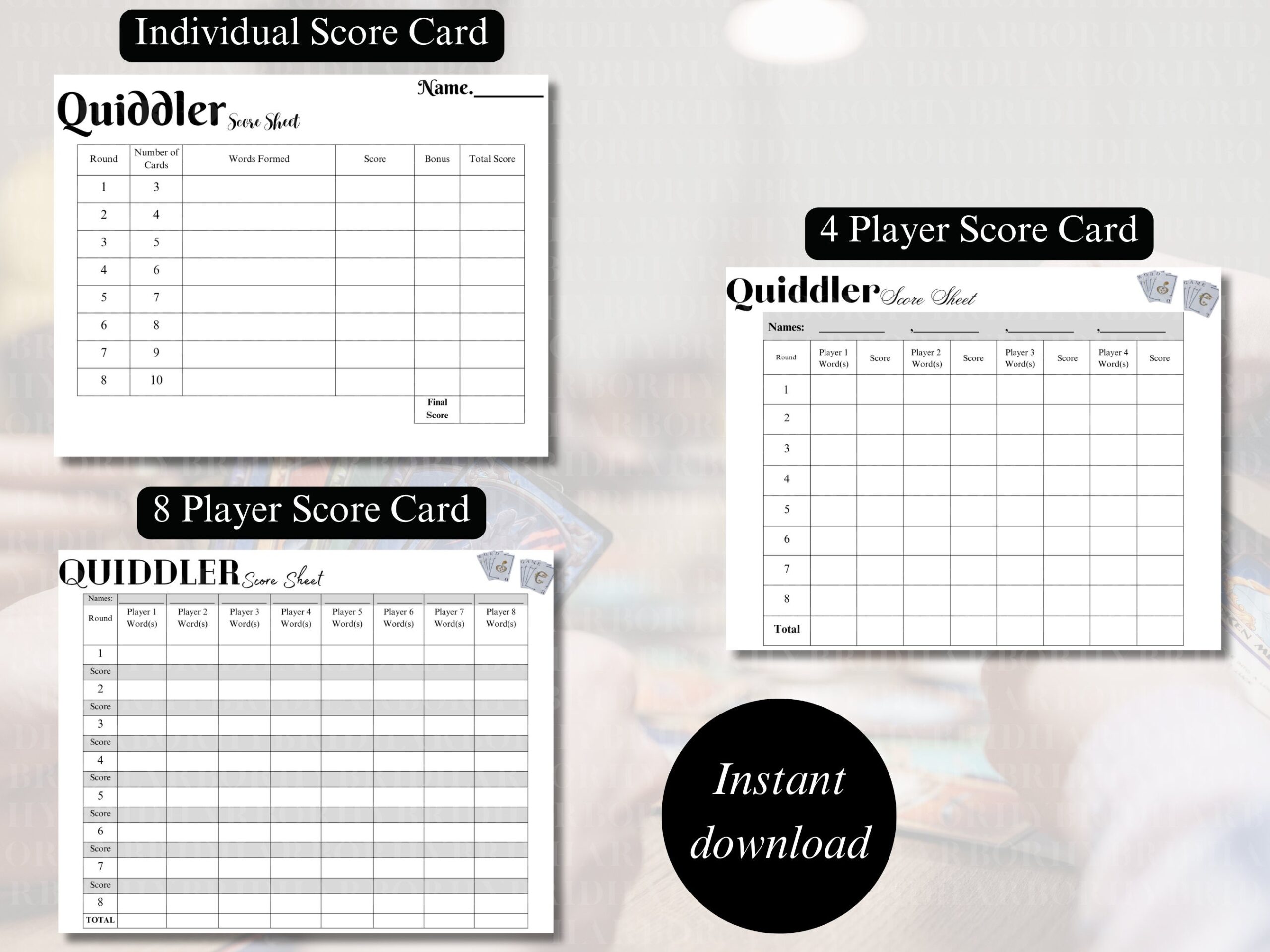 Quiddler Score Sheet Digital Download Bundle Word Game Tracker 