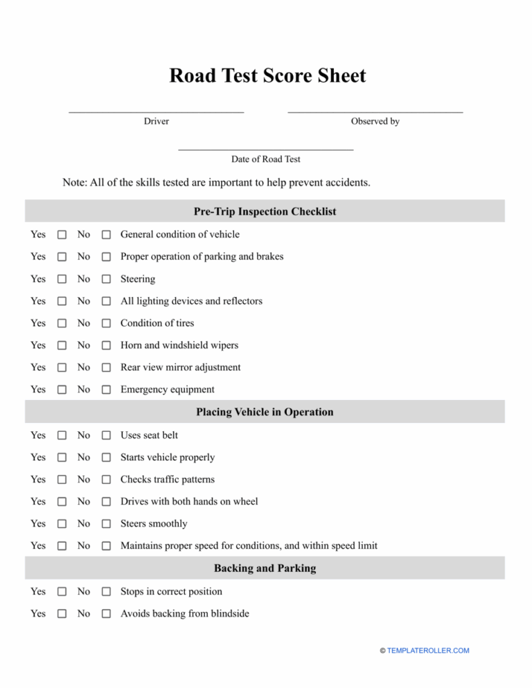 Road Test Score Sheet Template Download Printable PDF Templateroller