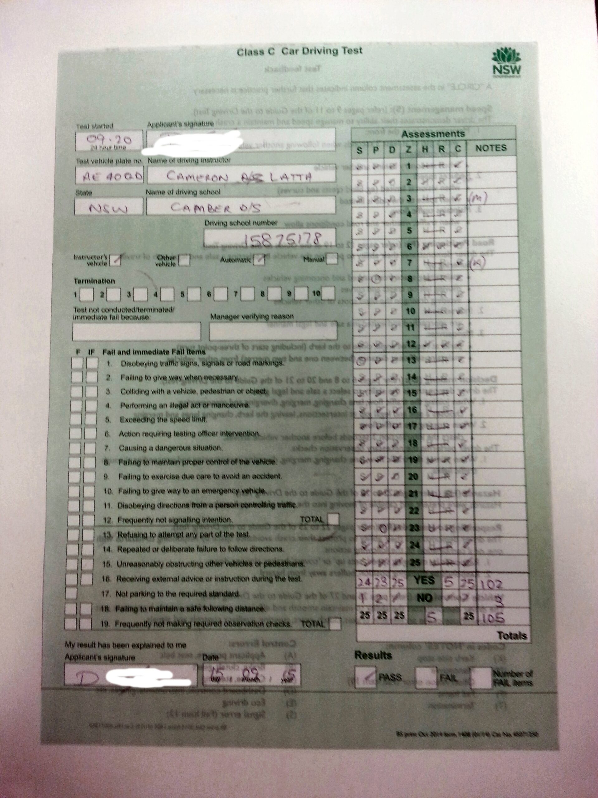 Driving Test Sheet Score