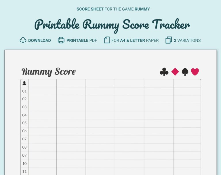 Rummy Score Card Tracker Printable Etsy UK