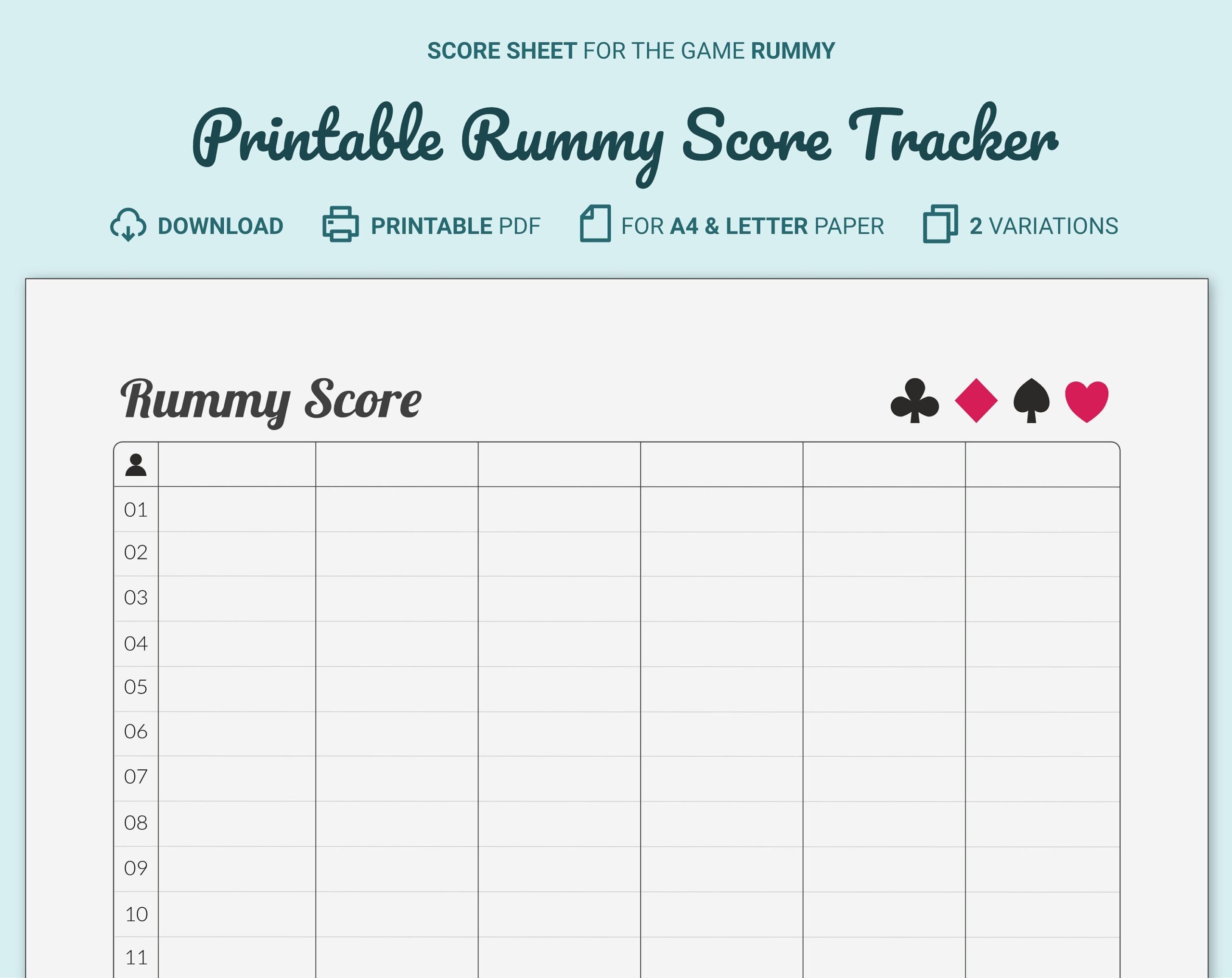 Rummy Score Card Tracker Printable Etsy UK