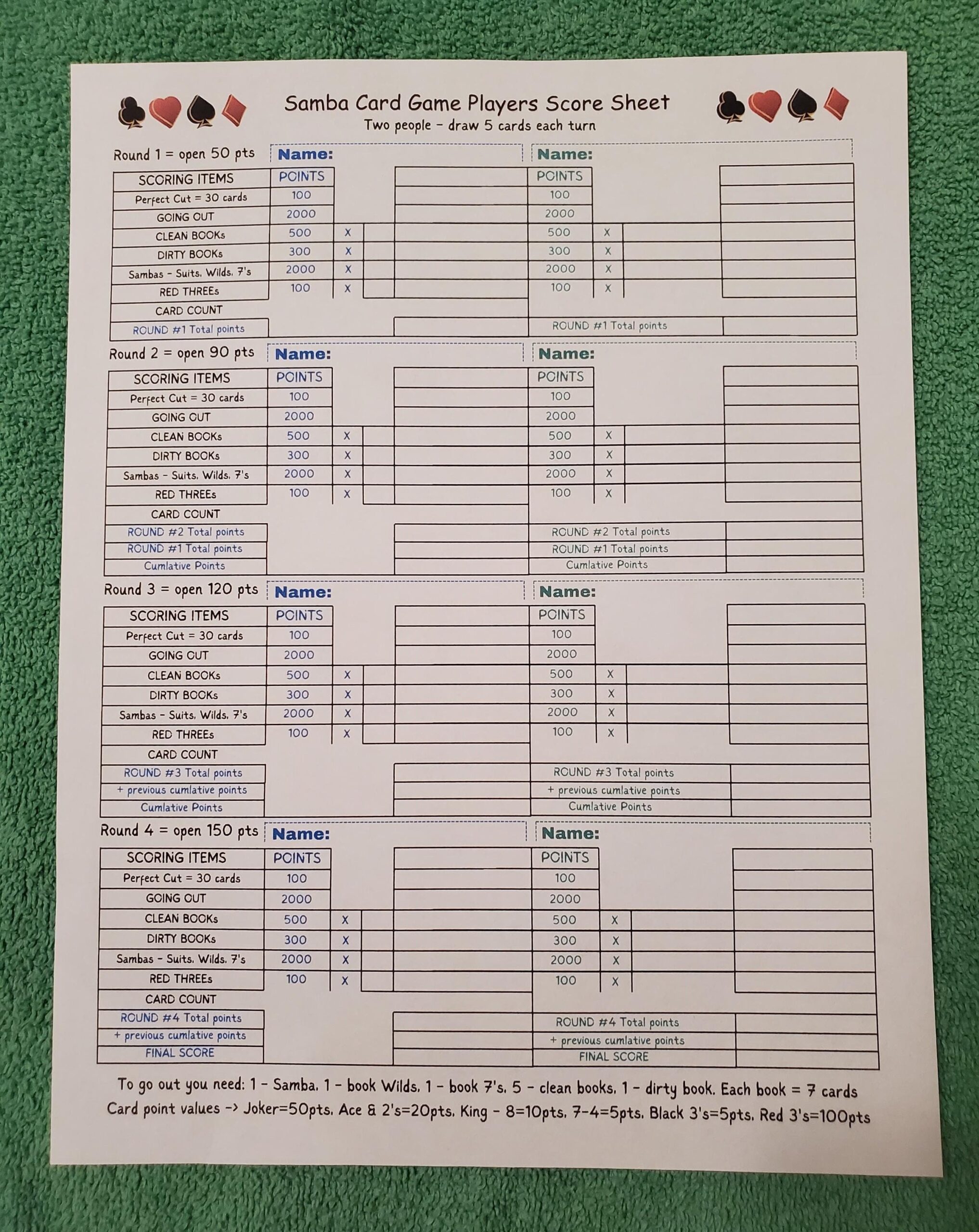 Samba Card Game Score Sheet For 2 Or 4 People Simple Easy To Understand Everything You Need On One Sheet Both Sheets In Download 