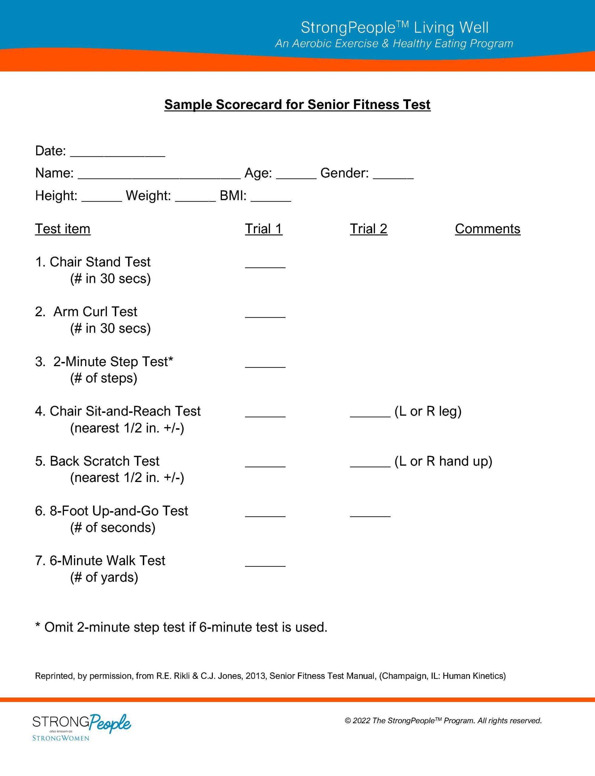 Sample Scorecard For Senior Fitness Test StrongPeople