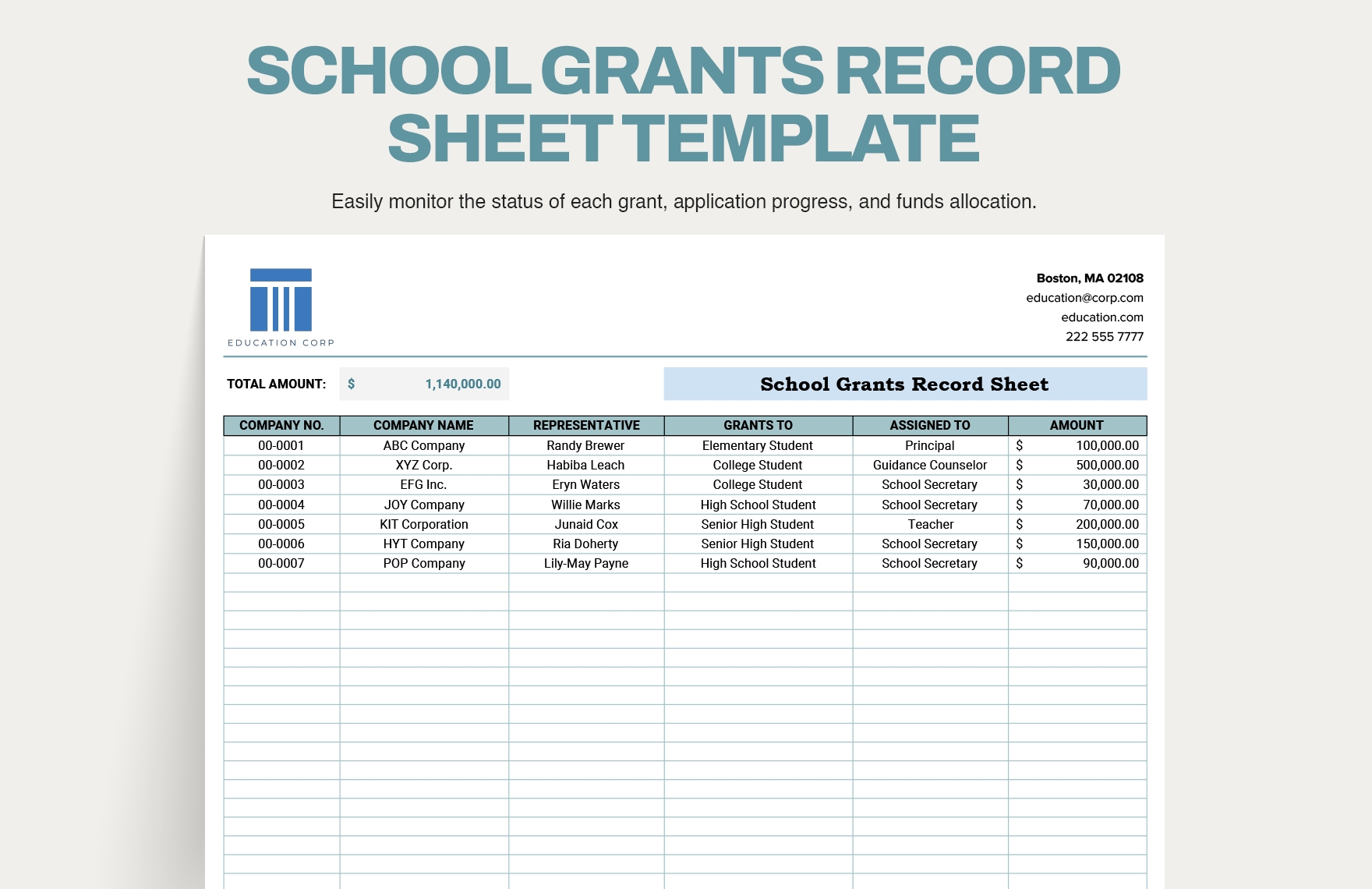 School Grants Record Sheet Template In Excel Google Sheets Download Template