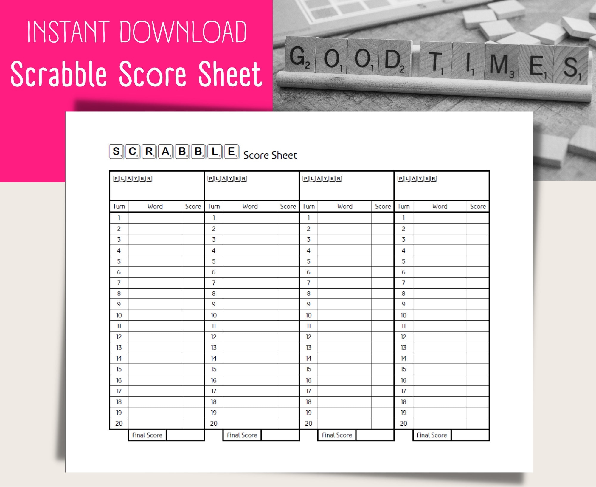 Scrabble Score Card Sheet Instant Download PDF US Letter A4 Size