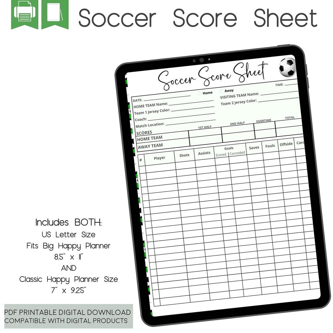 Soccer Score Card Soccer Scoresheet Etsy