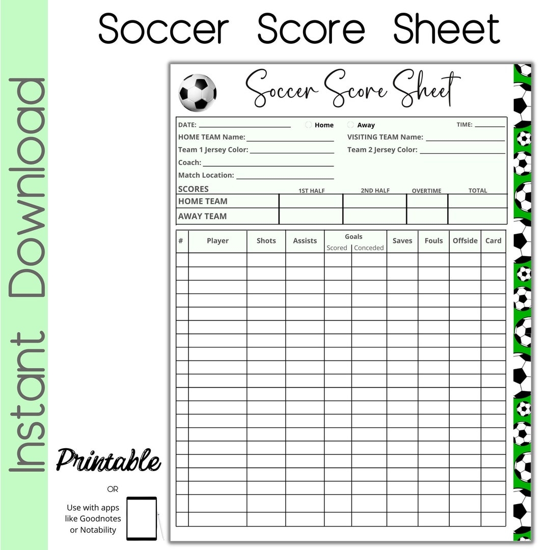 Soccer Score Card Soccer Scoresheet Etsy
