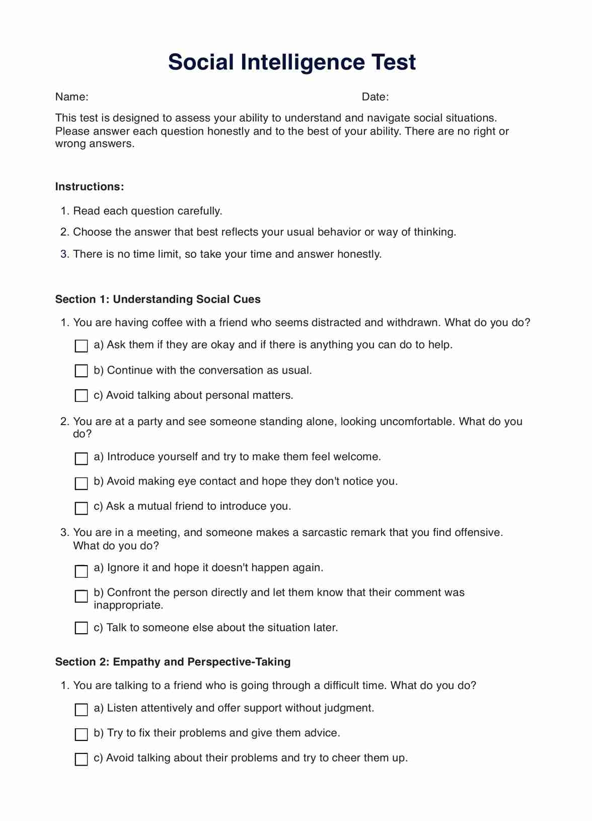 Social Intelligence Test U0026 Example Free PDF Download