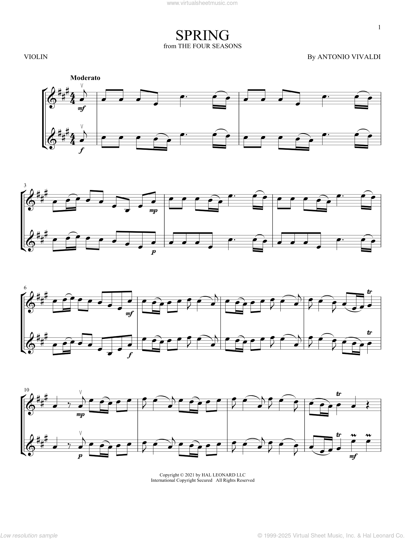 Spring from The Four Seasons Sheet Music For Two Violins duets Violin Duets 