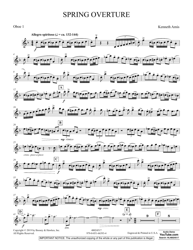 Spring Overture Oboe 1 By Kenneth Amis Sheet Music For Concert Band At Sheet Music Direct