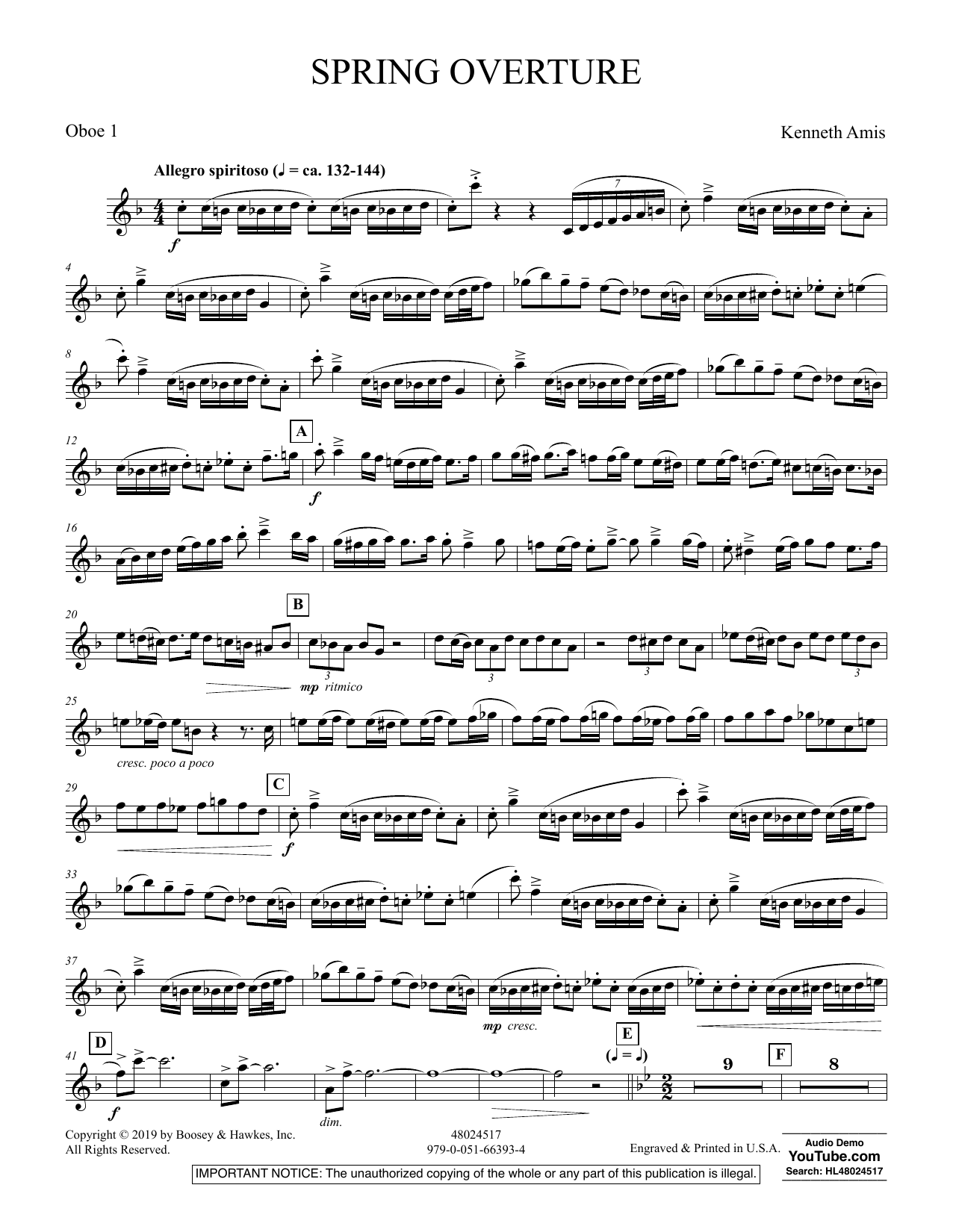 Spring Overture Oboe 1 By Kenneth Amis Sheet Music For Concert Band At Sheet Music Direct