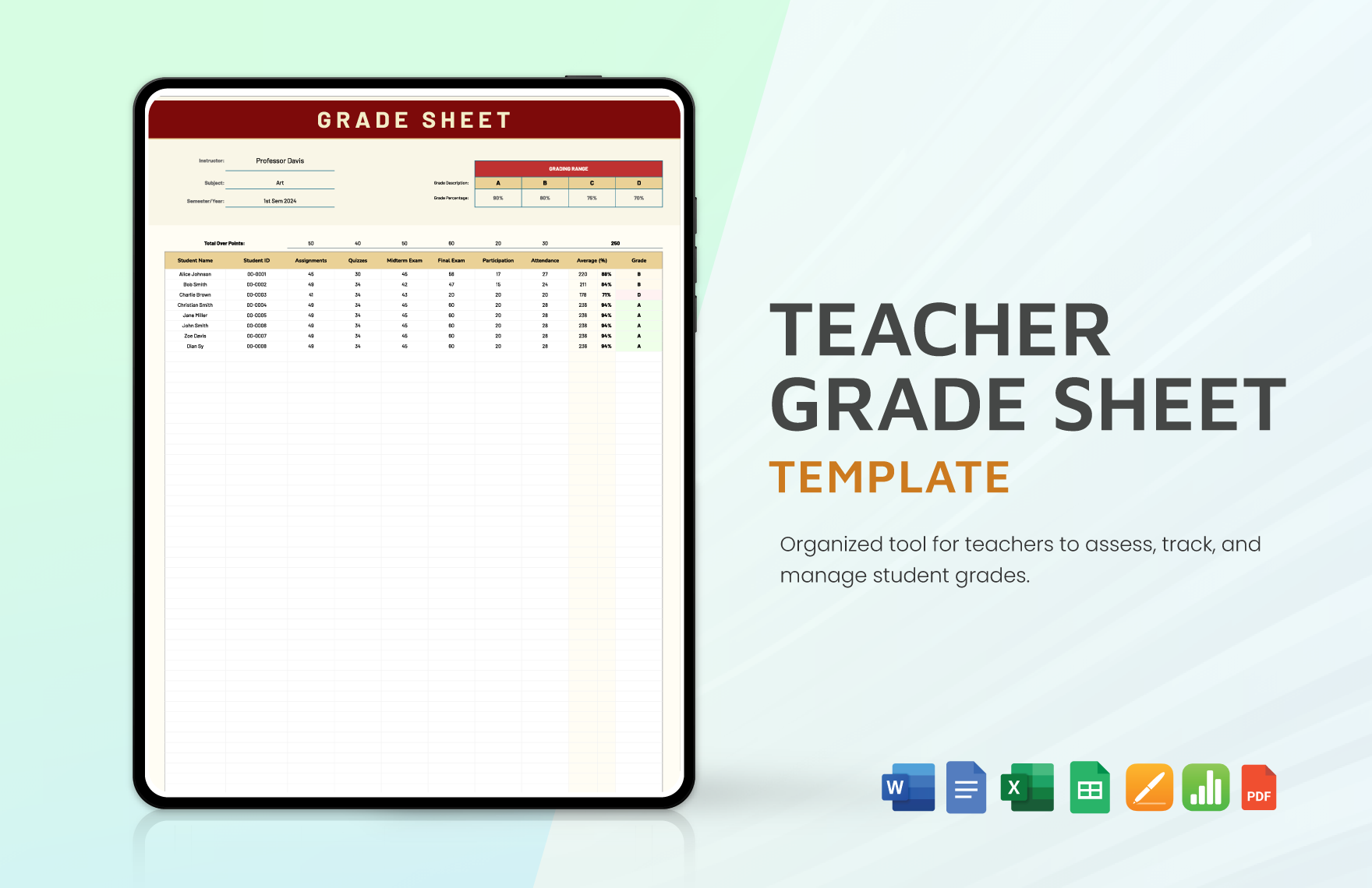 Teacher Grade Sheet Template In PDF Apple Numbers Pages Word Google Docs Google Sheets Excel Download Template