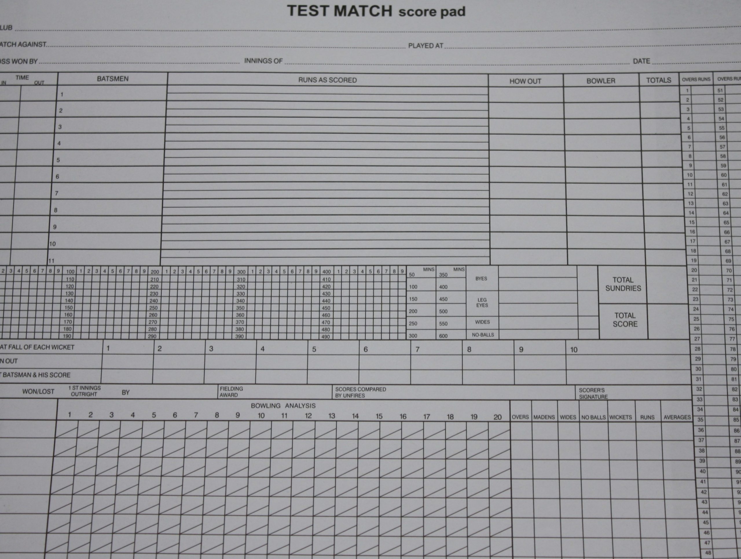 Test Match Board Game 1 Score Sheet Only