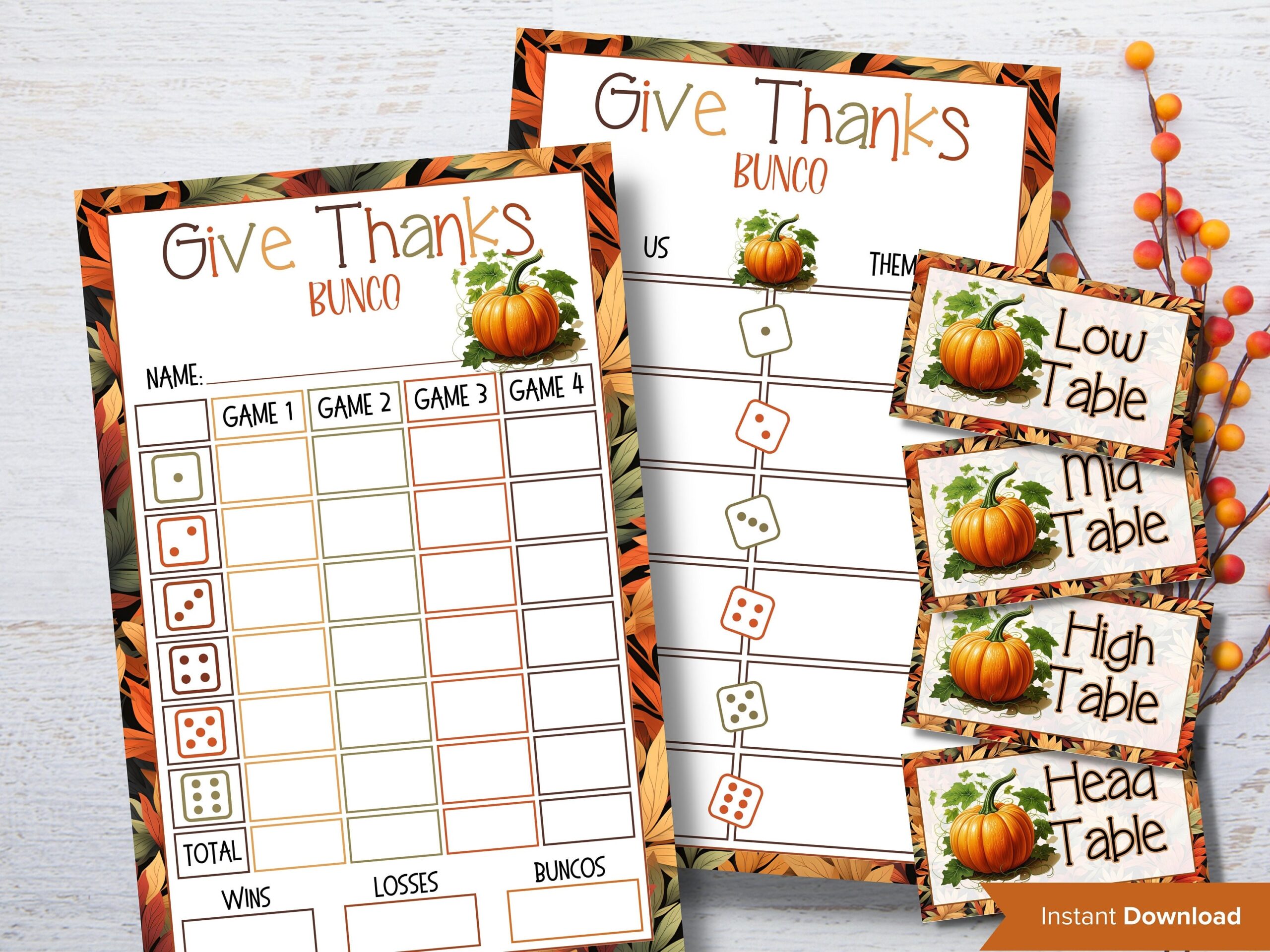 Thanksgiving Printable Bunco Cards I Bunco Score Cards I Bunco 