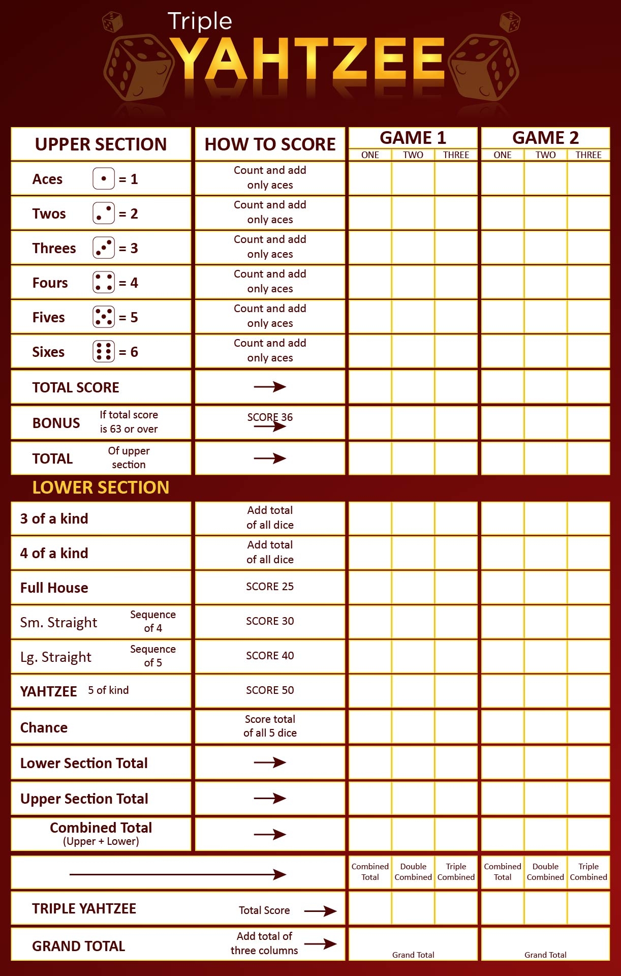 Triple Yahtzee Score Pads 10 Free PDF Printables Printablee