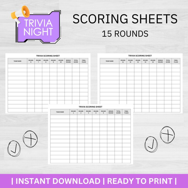 Trivia Scoring Sheets Trivia Quiz Trivia Night Printable 