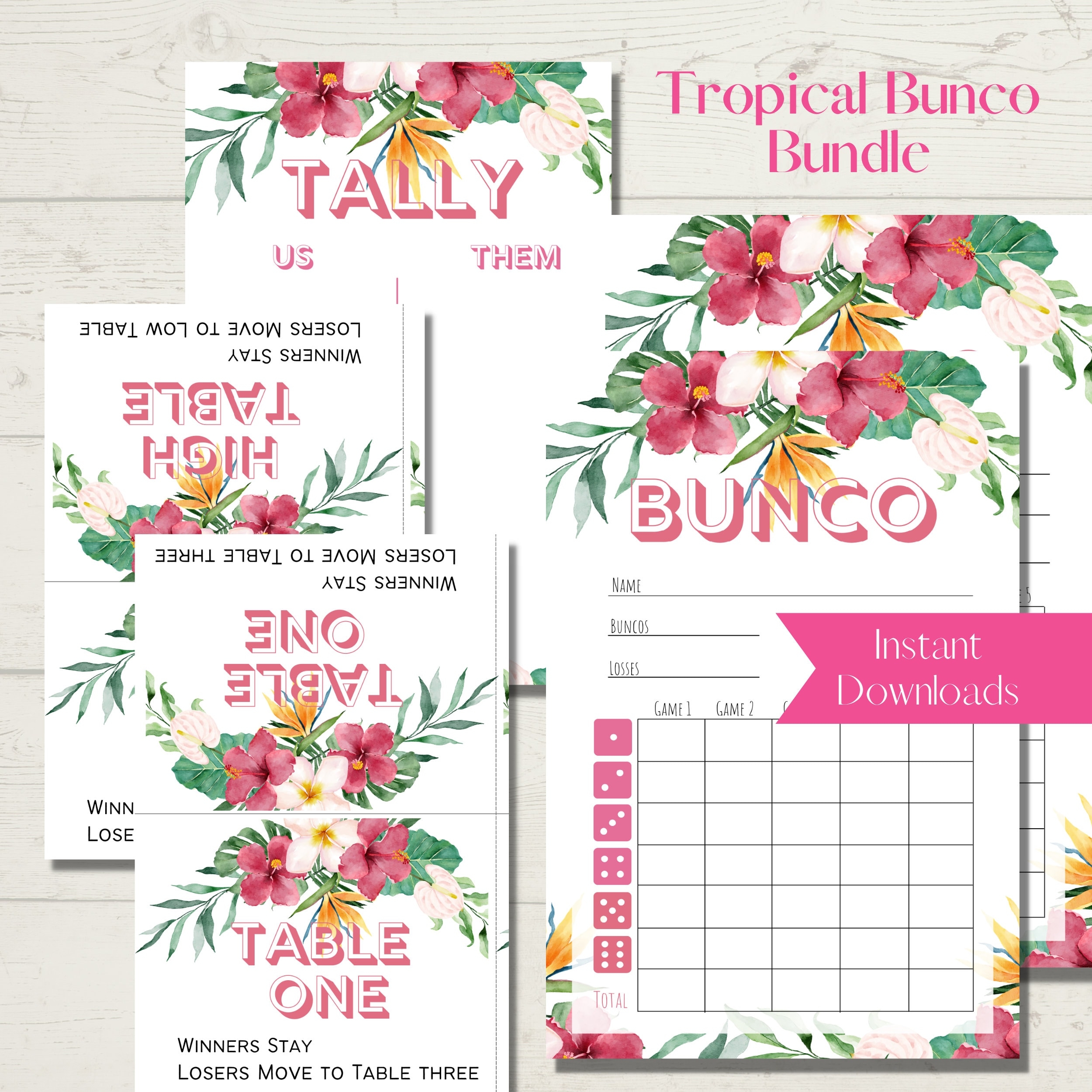 Tropical Flowers Luau Printable Bunco Score Sheet Bundle Score 