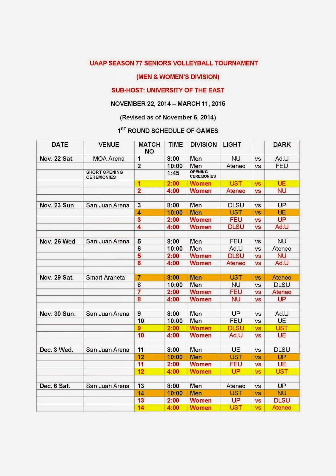 UAAP Season 77 Seniors Volleyball Tournament Men And Women First Round Schedule