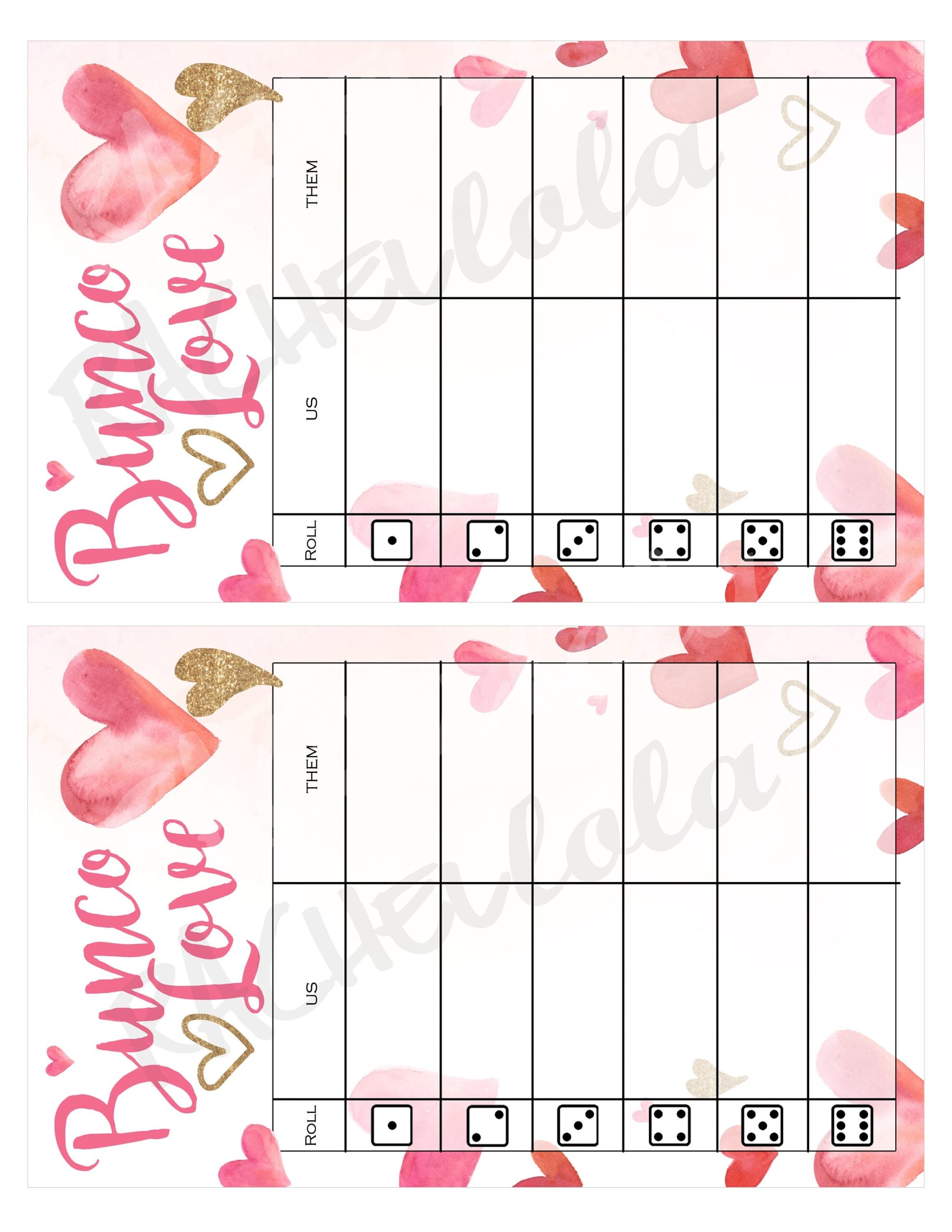 Valentine Bunco Table Tally Sheets Us Them Cards Score Note Bunko February Heart Love Instant Digital Download Printable Template