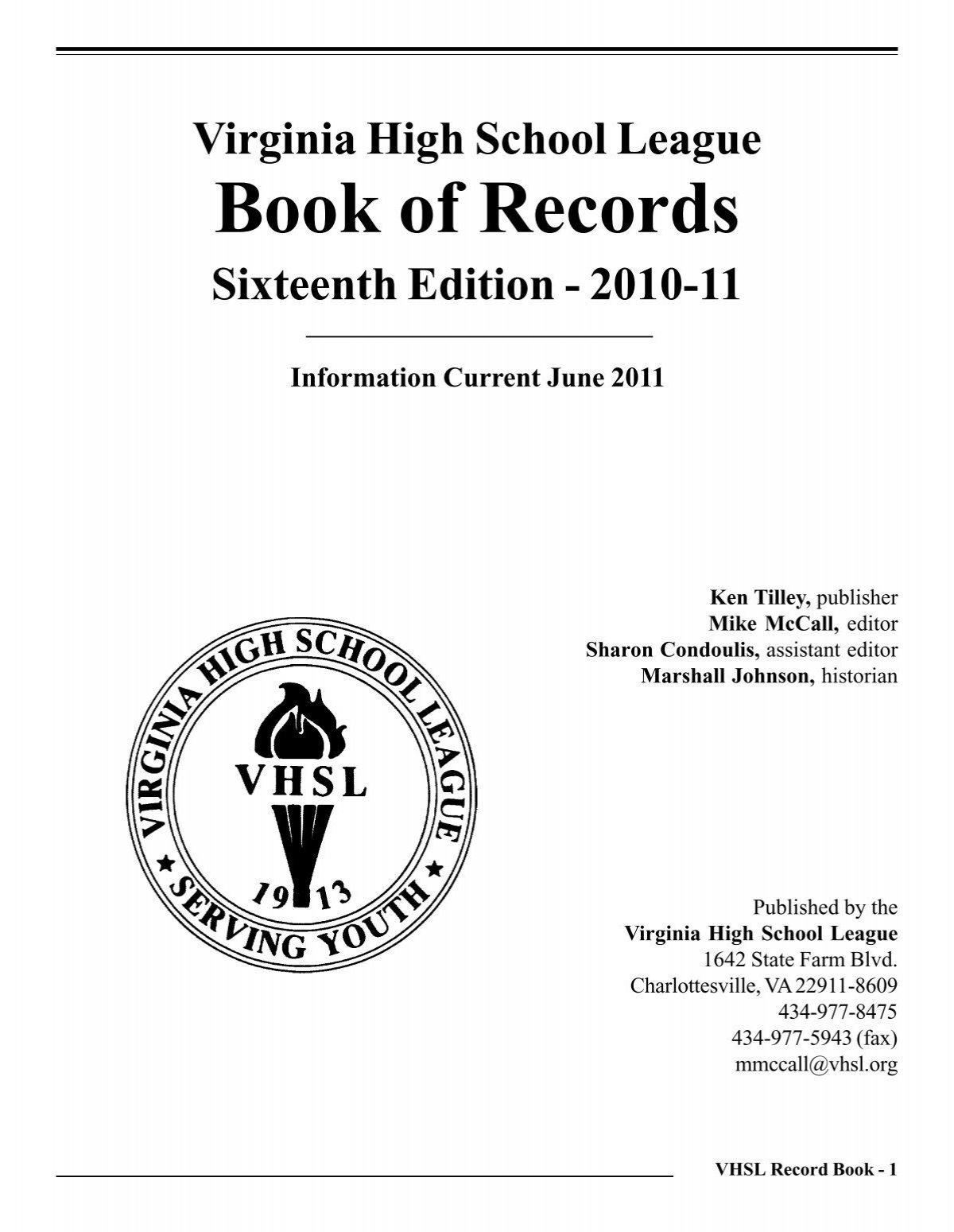 VHSL Record Book Virginia High School League