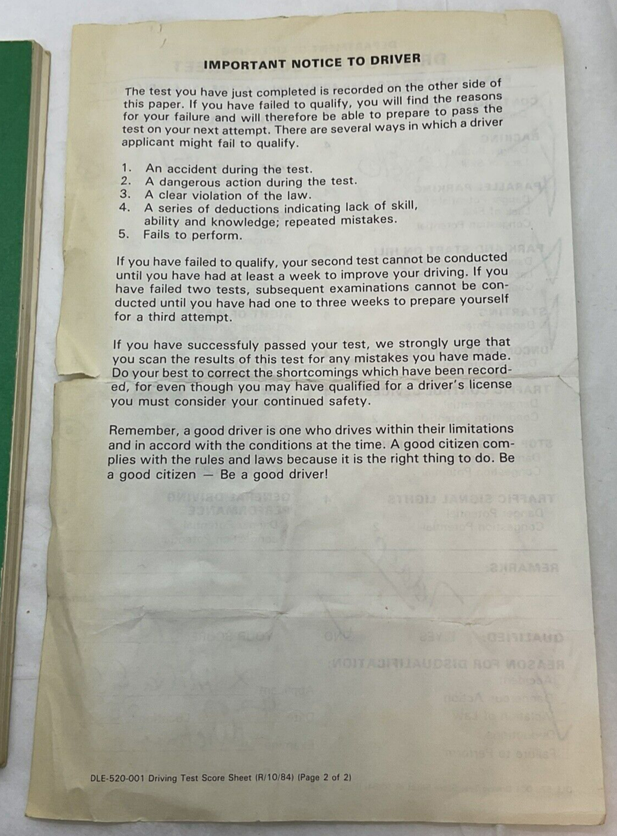 Vintage 1987 Washington State Driver s Guide Test Score Sheet U0026 New Road Signs EBay