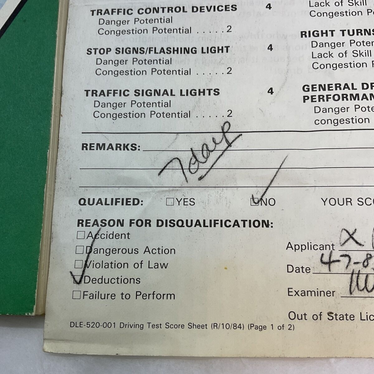 Vintage 1987 Washington State Driver s Guide Test Score Sheet Vintage 1987 Washington State Driver s Guide Test Score Sheet