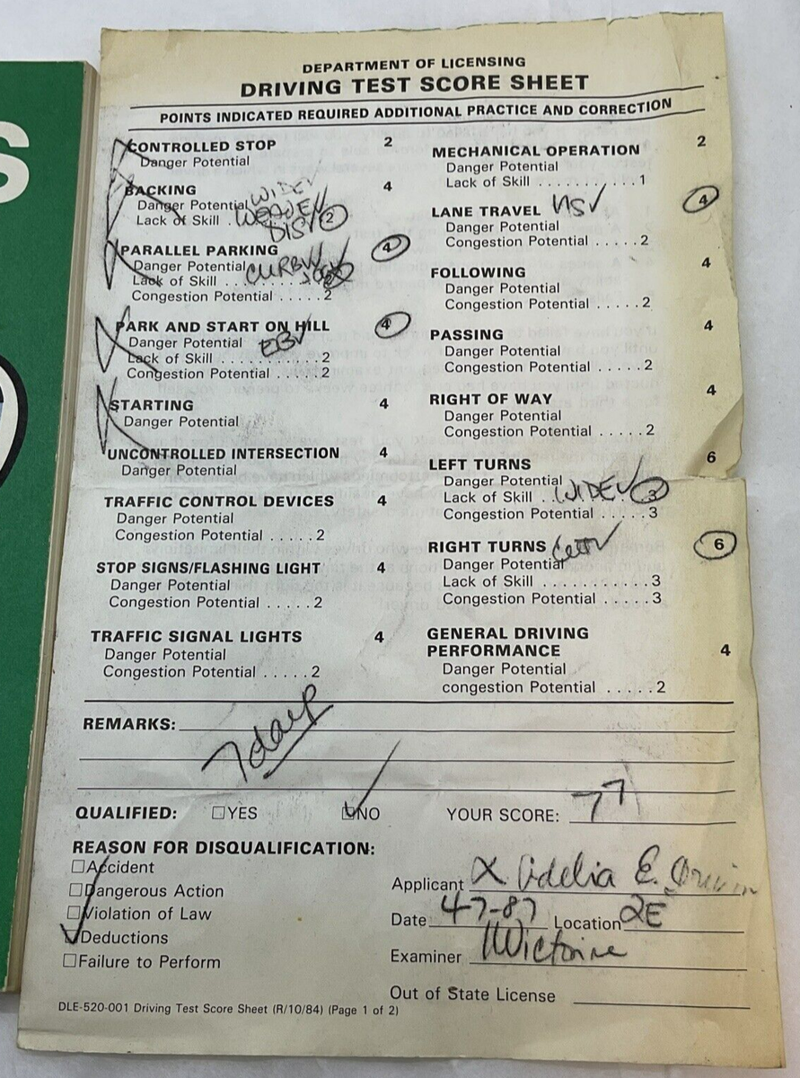 Vintage 1987 Washington State Driver s Guide Test Score Sheet 