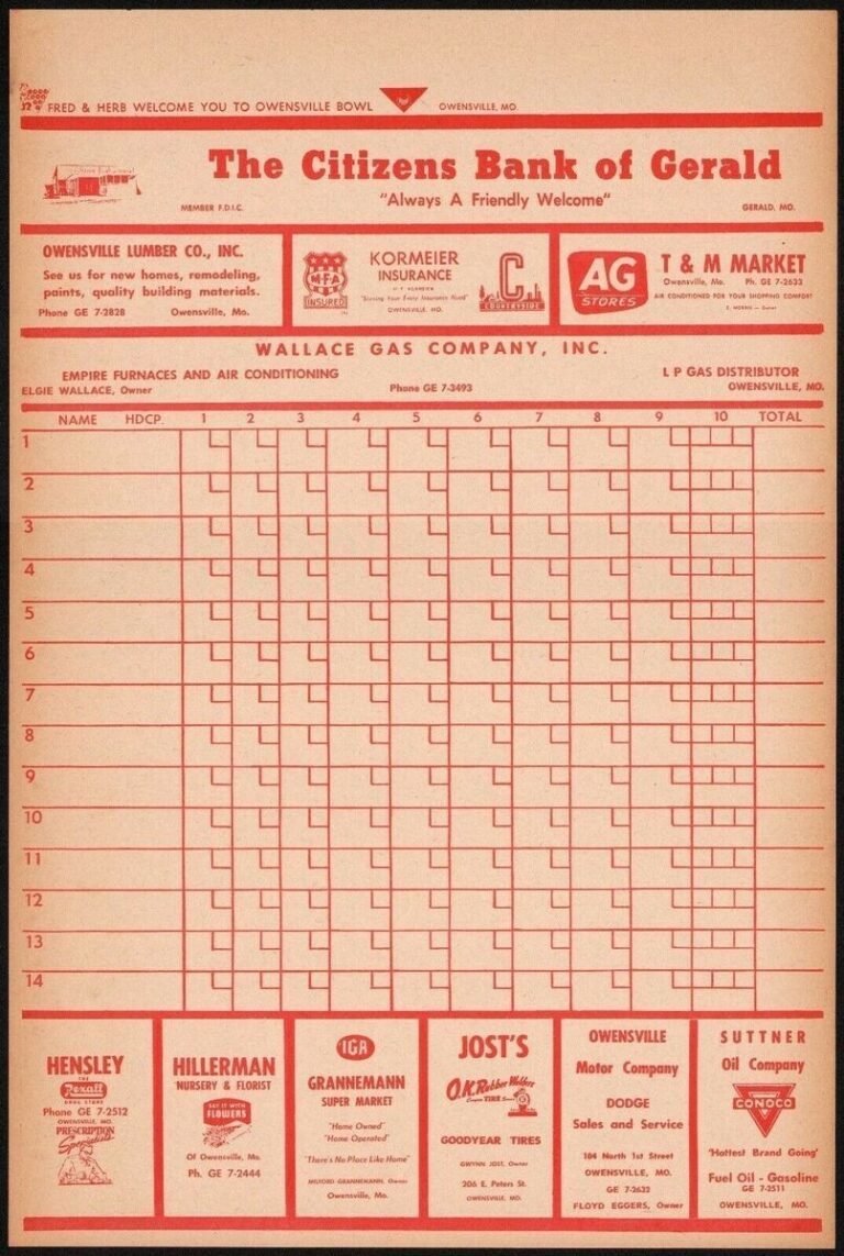 Vintage Bowling Score Sheet MFA REXALL IGA CONOCO DODGE Owensville Missouri Nrmt