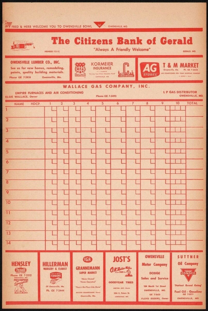 Vintage Bowling Score Sheet MFA REXALL IGA CONOCO DODGE Owensville Missouri Nrmt