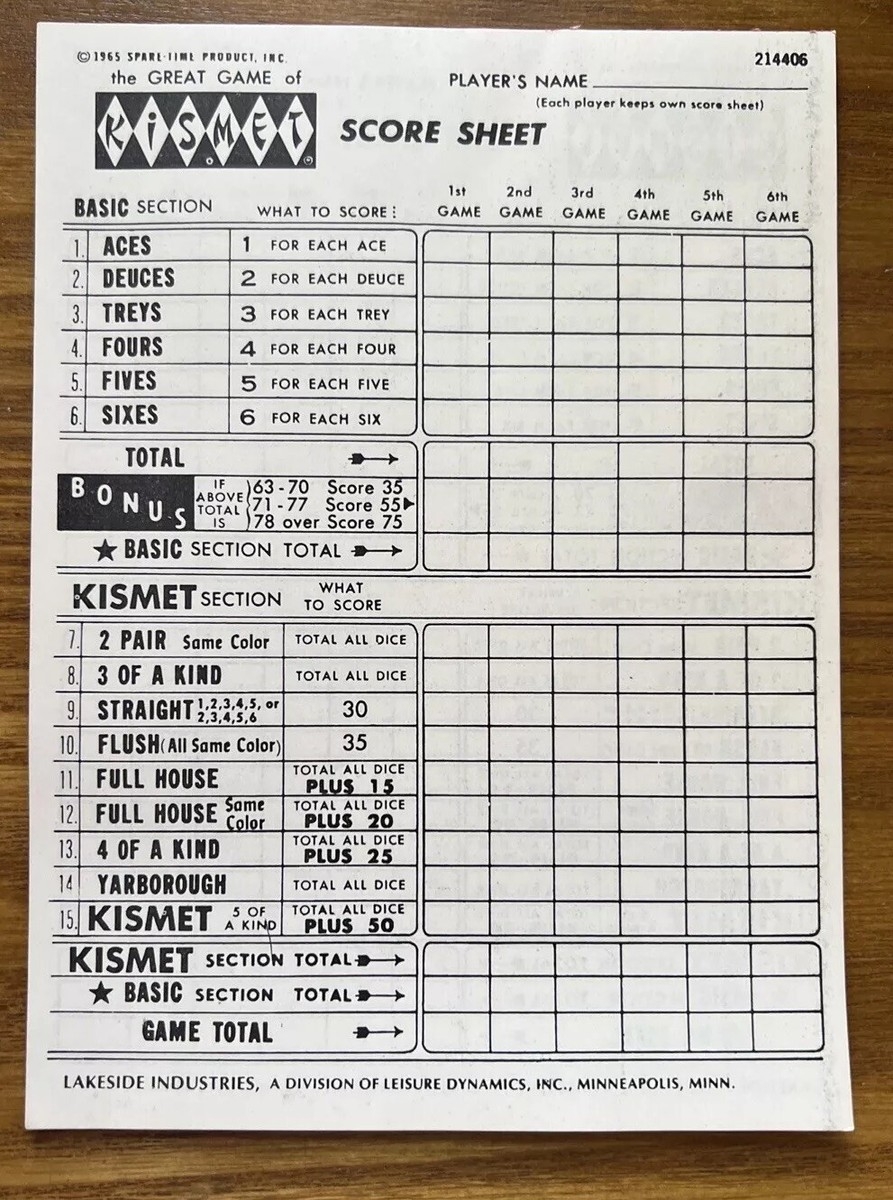 Vintage Kismet Dice Game 1964 Score Cards 10 Pages Front And Back