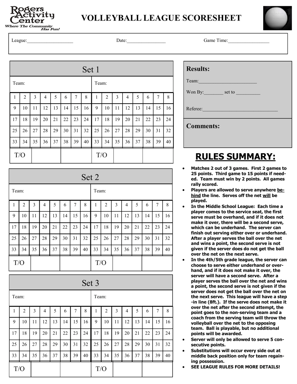 Volleyball Score Sheet Rogers Activity Center Download Printable PDF Templateroller