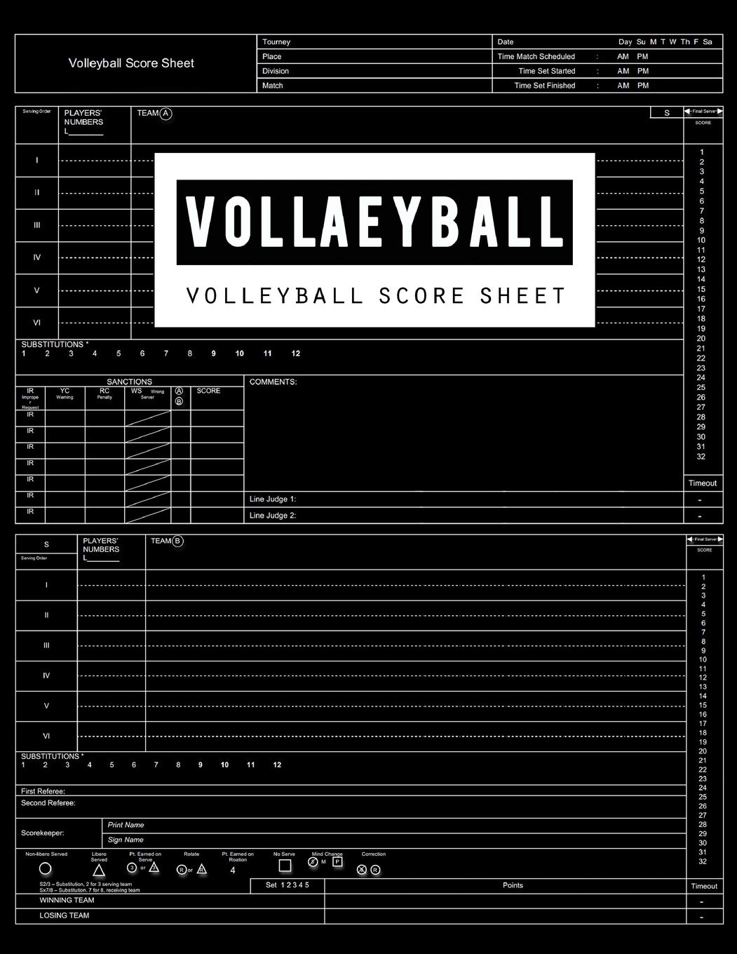 Volleyball Score Sheet Volleyball Game Record Book Volleyball Score Keeper Spaces On Which To Record Players Substitutions Serves Points Sanctions Size 8 5 X 11 Inch 100 Pages Publishing BG 9781723461620 Books Amazon ca