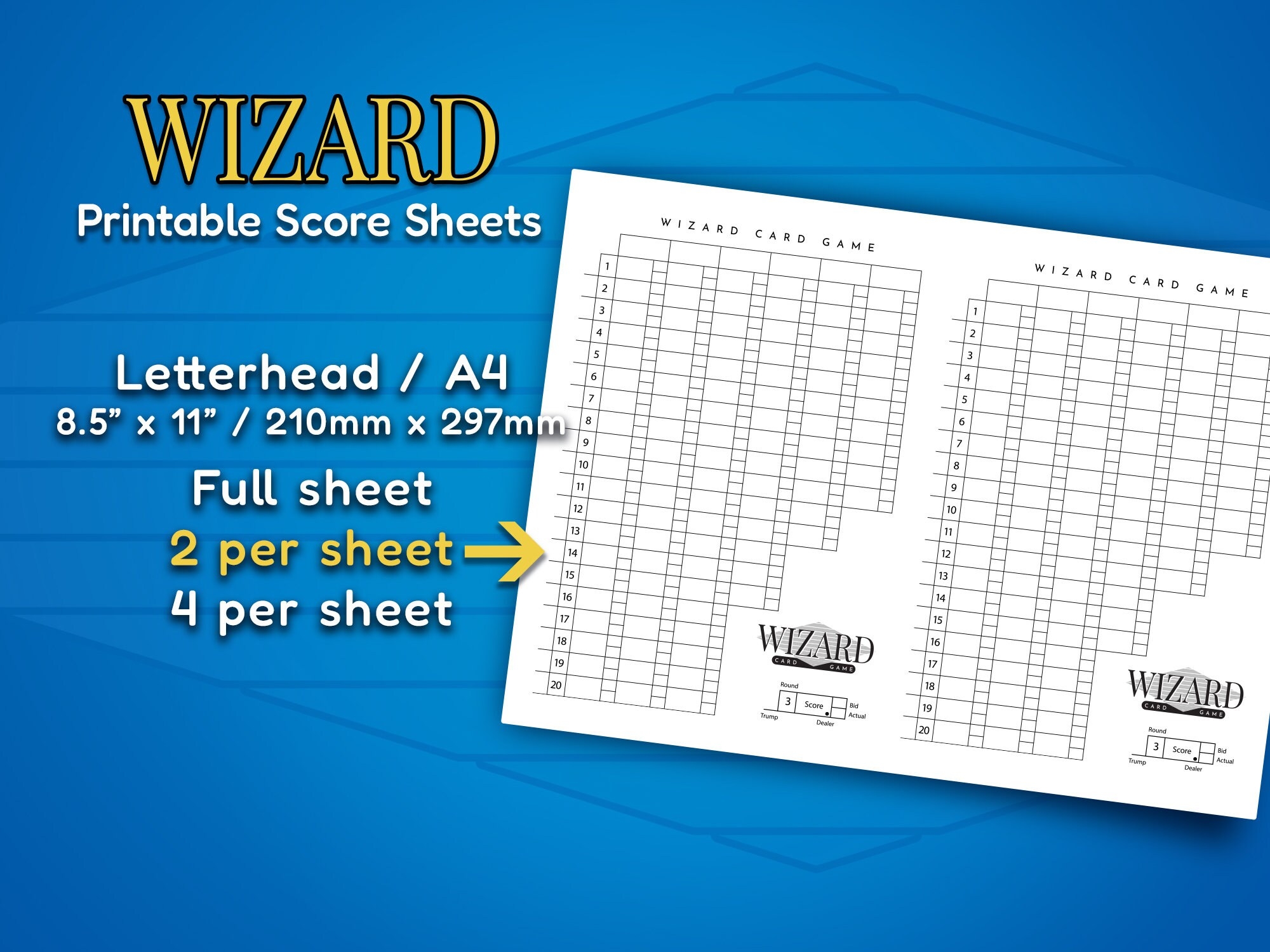 Wizard Score Sheet Printable Digital Download File Replacement Score Sheet Letterhead A4 Full Size 3 Size Wizard Card Game Etsy