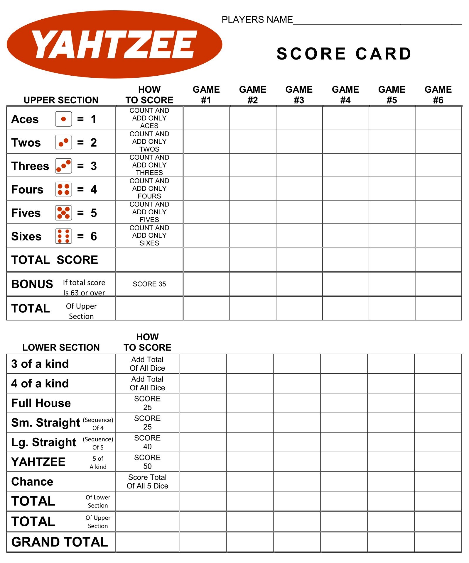 Printable Yahtzee Score Sheets Large Print
