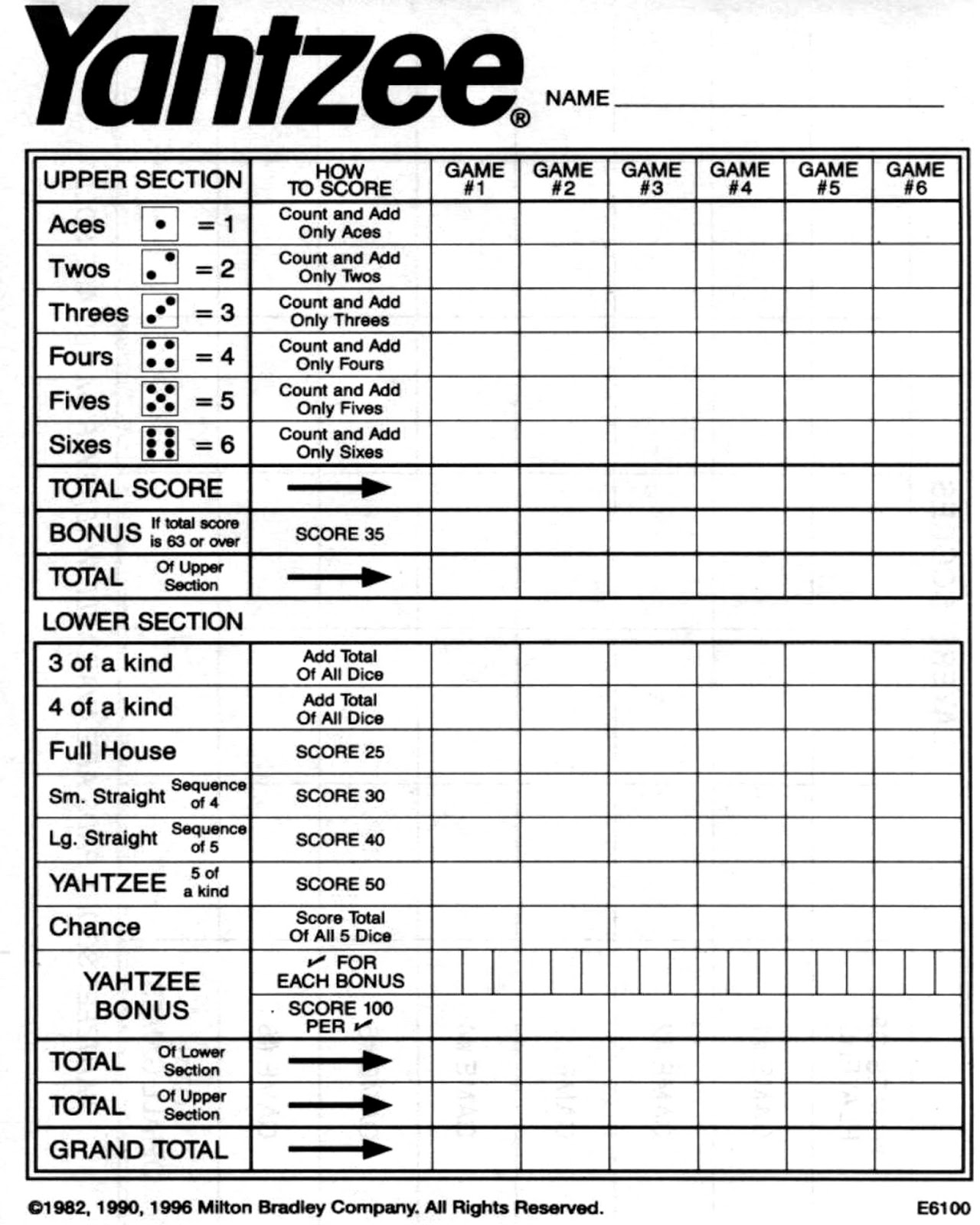 Printable Yahtzee Score Sheet