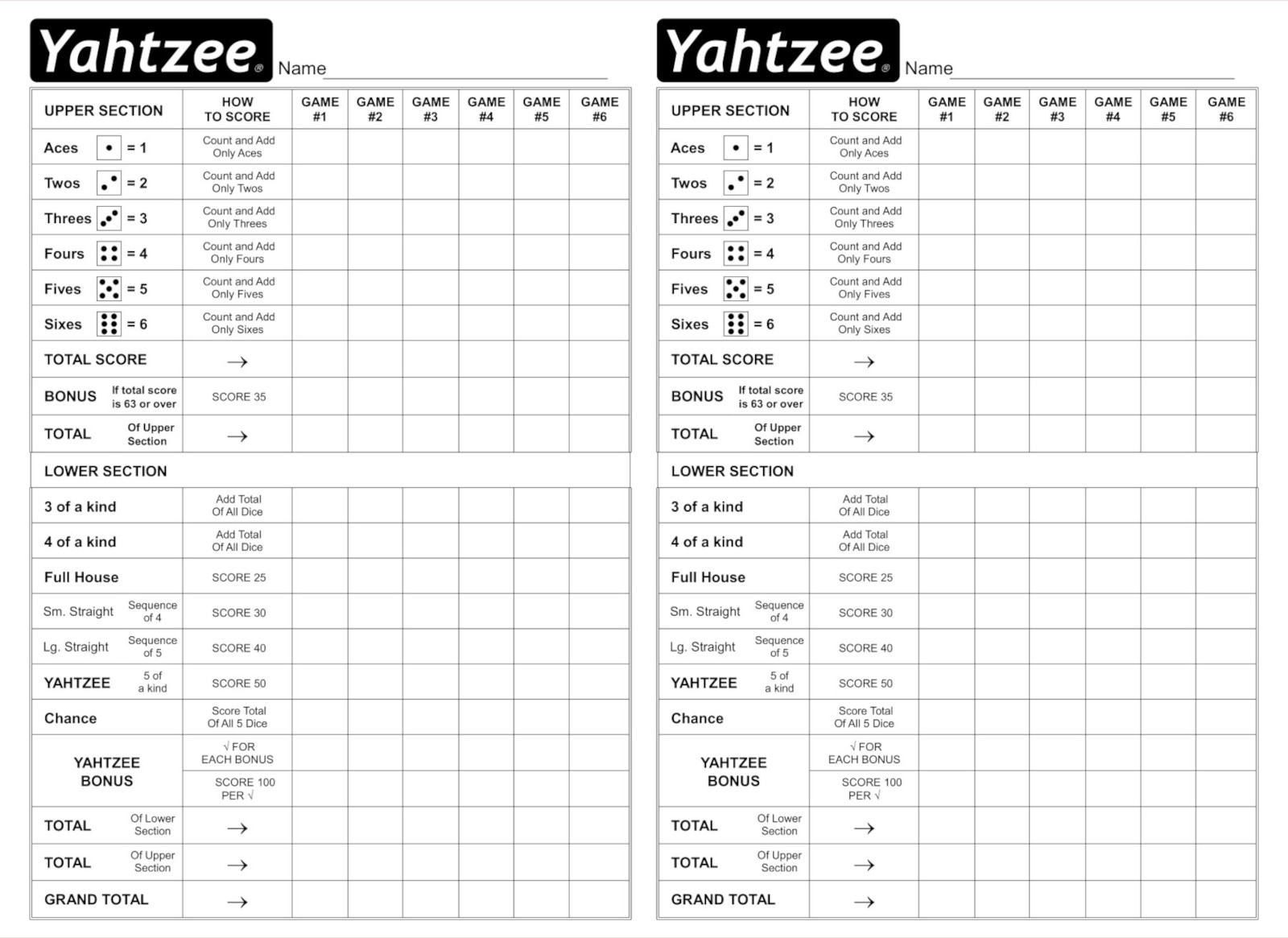 Downloadable Printable Yahtzee Score Sheets