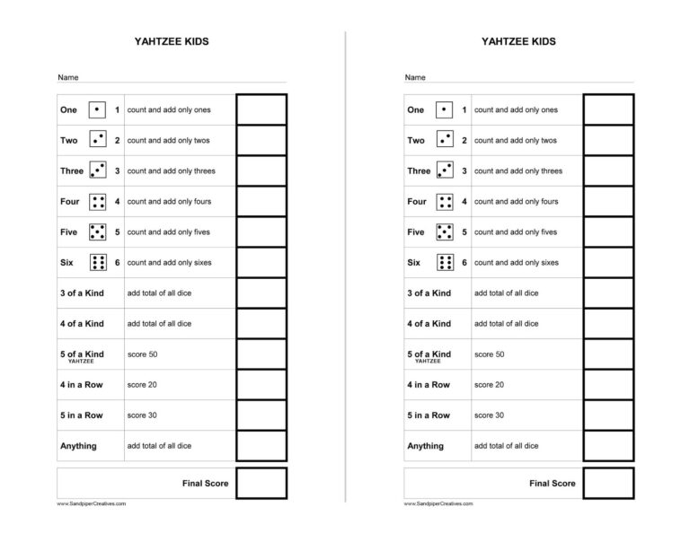 Yahtzee Score Card For Kids Free Printable